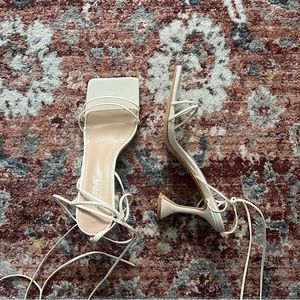 Public Desire Dymond Off White Lace Up Square Toe Cake Stand Heels